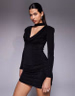 Ruched & Ready removable shoulder pad detail choker cowl neck sculpting hotfix mini dress in blac...