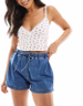 ASOS DESIGN jogger style denim pull on short in mid blue | ASOS